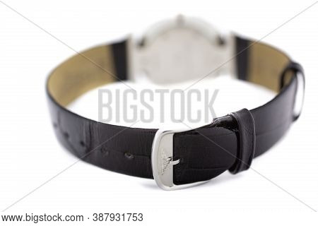 Paris, France 01.10.2020 - Longines Ladys Wrist Watch Isolated On White. Longines Brand Logo On Leat