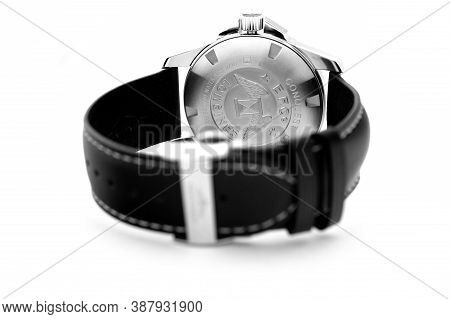 Tokyo, Japan 01.10.2020 - Longines Mens Wrist Watch Isolated On White. Longines Brand Logo On Stainl