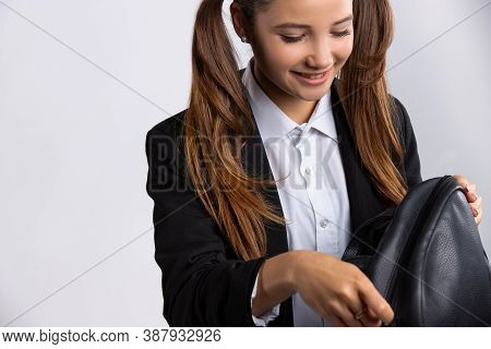 Smiling Caucasian Girl With Long Hair, Looking For Something Interesting. Stylish Young 20s Girl Che