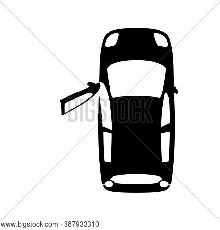 Midget Black Car With Open Door, Top View Icon Isolated On White Background. Sedan Small, Mini Auto 