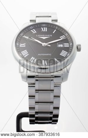 Geneve, Switzerland 01.10.2020 - Longines Mens Wrist Watch Isolated On White. Date Function Indicati