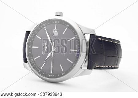 Geneve, Switzerland 01.10.2020 - Longines Mens Wrist Watch Isolated On White. Date Function Indicati