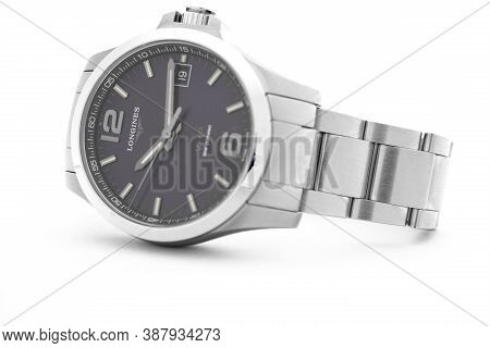 Geneve, Switzerland 01.10.2020 - Longines Mens Wrist Watch Isolated On White. Famous Watch Manufacto
