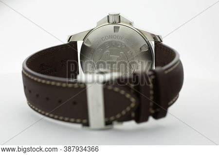 Tokyo, Japan 01.10.2020 - Longines Mens Wrist Watch Isolated On White. Longines Brand Logo On Stainl