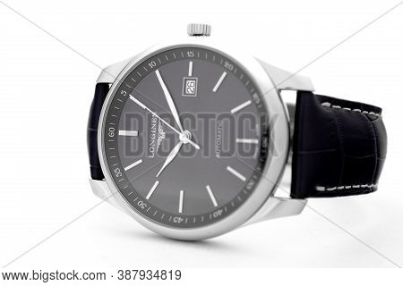 Geneve, Switzerland 01.10.2020 - Longines Mens Wrist Watch Isolated On White. Date Function Indicati