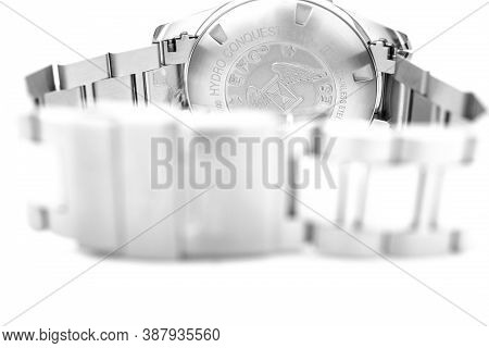 Rome, Italy 01.10.2020 - Longines Mens Wrist Watch Isolated On White. Longines Brand Logo On Stainle