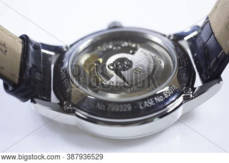 Geneve, Switzerland 01.10.2020 - Claude Bernard Swiss Made Mechanical Watch Back Case Leather Strap 