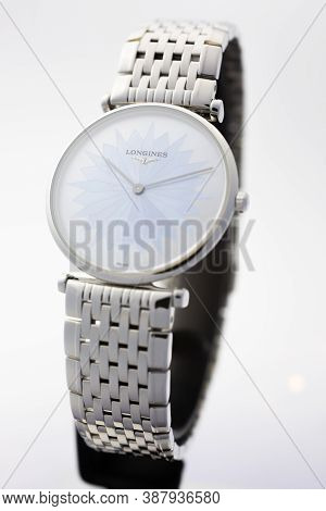 Paris, France 01.10.2020 - Longines Ladys Wrist Watch Isolated. Designer Blue Cornflower On Watch Fa