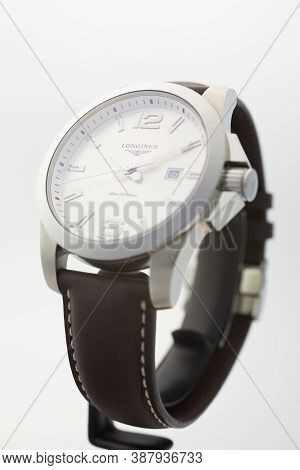 Tokyo, Japan 01.10.2020 - Longines Mens Wrist Watch Isolated On White. Famous Watch Manufactory Long