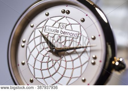 Geneve, Switzerland 01.10.2020 - Claude Bernard Swiss Made Watch Gold Pvd Coating Close Up Detail. L