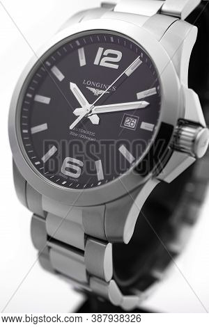Paris, France 01.10.2020 - Longines Mens Wrist Watch Isolated On White. Famous Watch Manufactory Lon