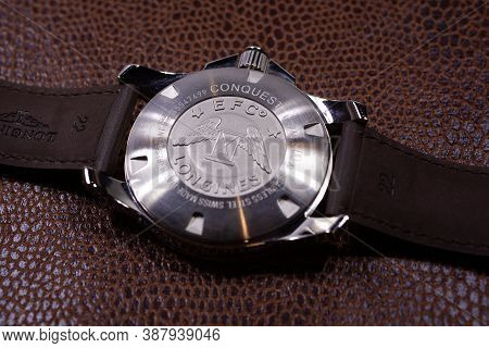 Tokyo, Japan 01.10.2020 - Longines Mens Wrist Watch Longines Brand Logo On Stainless Steel Back Case