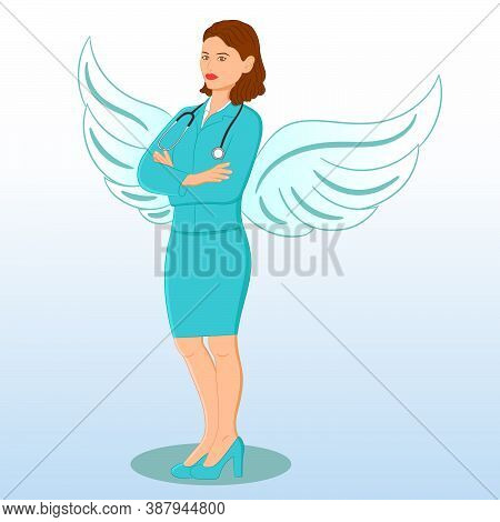 A Woman Doctor Or Nurse With White Angel Wings And Stethoscope. Real Superhero, Front-line Fighters 