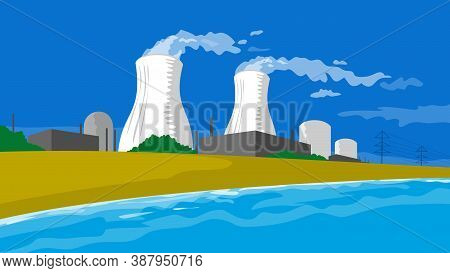 Retro Wpa Illustration Of A Nuclear Reactor Located Near A River Side, Lake, Coast Or Sea Done In Wo