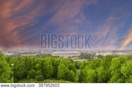 View Of Central Moscow From Sparrow Hills Or Vorobyovy Gory Observation (viewing) Platform At Sunset