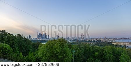 View Of Central Moscow From Sparrow Hills Or Vorobyovy Gory Observation (viewing) Platform At Sunset