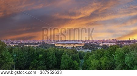View Of Central Moscow From Sparrow Hills Or Vorobyovy Gory Observation (viewing) Platform At Sunset