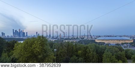 View Of Central Moscow From Sparrow Hills Or Vorobyovy Gory Observation (viewing) Platform At Sunset