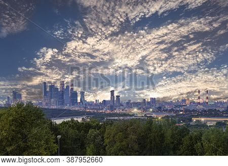 View Of Central Moscow From Sparrow Hills Or Vorobyovy Gory Observation (viewing) Platform At Sunset