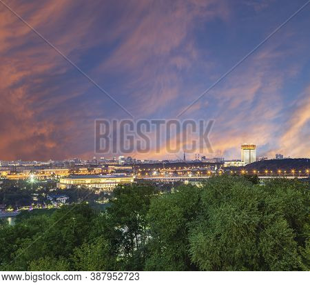 View Of Central Moscow From Sparrow Hills Or Vorobyovy Gory Observation (viewing) Platform At Sunset