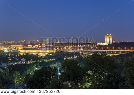 View Of Central Moscow From Sparrow Hills Or Vorobyovy Gory Observation (viewing) Platform At Sunset
