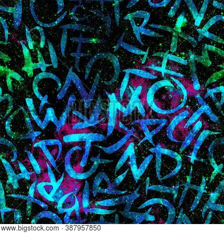 Font Seamless Pattern. Fashion Hand Drawn Texture. Blue Galaxy Background. Font Seamless Pattern For