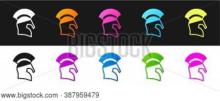 Set Greek Helmet Icon Isolated On Black And White Background. Antiques Helmet For Head Protection So