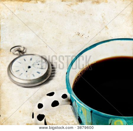 นาฬิกาบนพื้น Grunge และกาแฟ