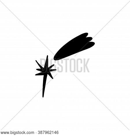 Black Silhouette Of A Shooting Star Short Shining Tail. Close-up Bright Star Flies In The Sky. Vecto