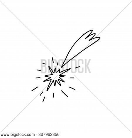 Celestial Element. Contour Of A Sparkling Shooting Star With A Tail. A Shining Comet Flies Down From