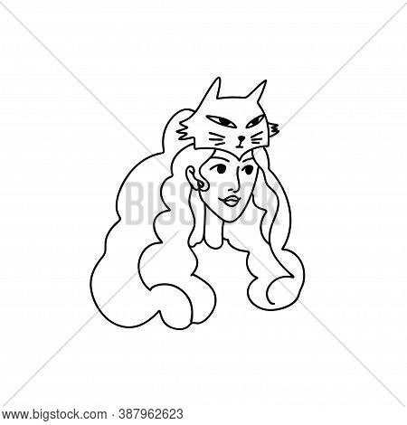 Hand Drawn Girl Wearing A Headdress In The Form Of A Cat Head. Masquerade Image Of A Cat On A Girl W