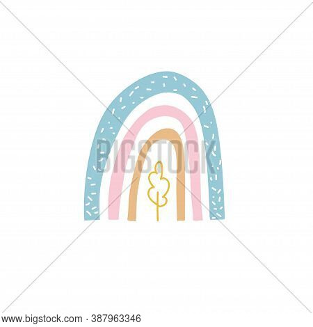 Rainbow Of Blue, Pink, Yellow Over A Small Tree With Abstract Stars On A Blue Background. Cute Vecto