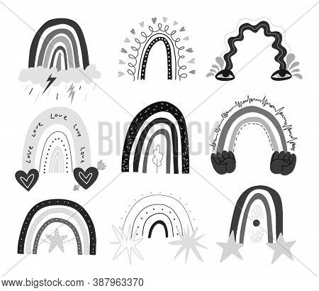 Set Of Hand Drawing Rainbow Abstract Shapes. Monochrome Like Children's Drawings With Stars, Hearts,