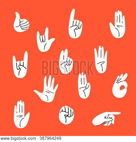 Cartoon Set Of Gestures, Flat Style. Hands Different Movements Hand-drawn Palms, Fingers Showing Num