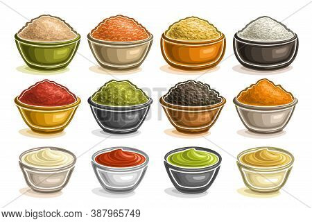 Vector Set Of Different Bowls, Collection Of Cut Out Illustrations With Healthy Cereals In Pots, Div