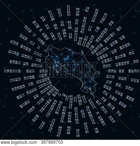 Costa Rica Digital Map. Binary Rays Radiating Around Glowing Country. Internet Connections And Data