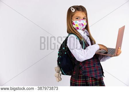 Girl With Custom Face Mask Going Back To School After Covid-19 Quarantine And Lockdown.school Form A
