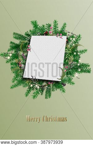 Christmas Fir Wreath Background With Glowing Lights On Pastel Green Background. Mock Up, Place For T