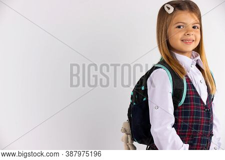 Portrait Pupil Of Primary Of Preschool. Cute Kid Smiling Is Going To School.back To School.
