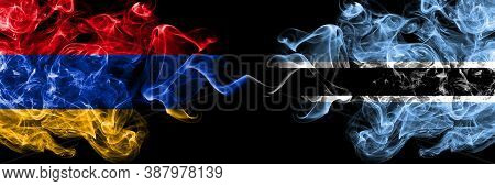 Armenia Vs Botswana, Botswanan Smoky Mystic Flags Placed Side By Side. Thick Colored Silky Abstract 