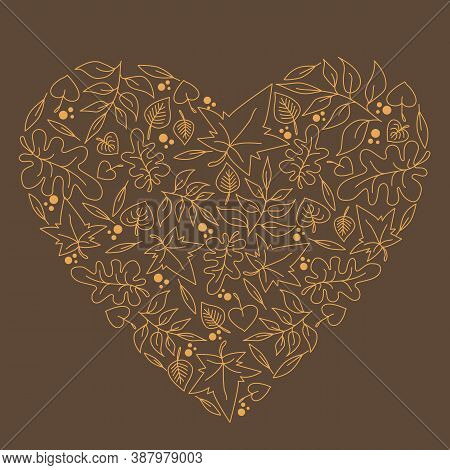 Yellow Autumn Leaves Thin Line Vector Hand Drowning In The Shape Of Heart On Brown Background...natu