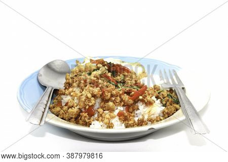 Rice With Basil, Minced Pork, Fried Egg, Delicious And Spicy Thai Food Is Popular All Over The World