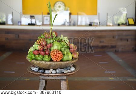 View Of Various Exotic Fruit Presented At Reception Desk Of Hotle.