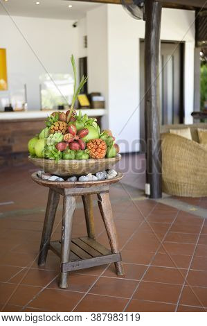 View Of Various Exotic Fruit Presented At Reception Desk Of Hotle.