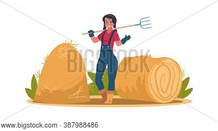 Woman With Pitchfork Near Hayloft. Farmer Prepares Hay In Autumn. Bio, Eco Food For Domestic Animal.