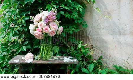 Vintage Bouquet In French Style On A Natural Background With Space For Text. A Bouquet Of Delicate P