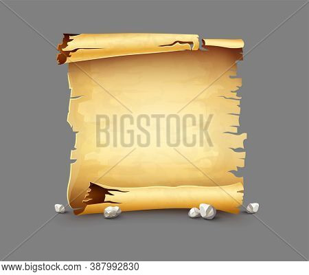 Paper scroll, old anicent manuscript, scrolled document script with copyspace. Blank vintage banner template. Diploma, contract, sertificate isolated on graybackground. 3D illustration.