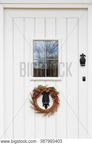 Off White, Offwhite, Gray, Grey Wooden Painted Front Door With Leaded Glass And Christmas Garland, U