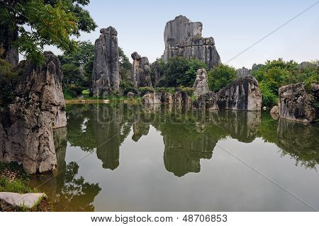 Natural rock formations and lake in China