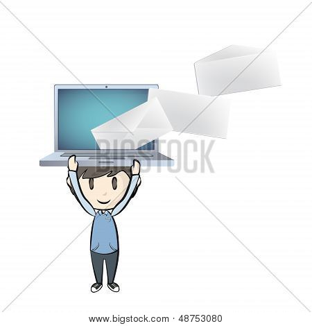 Jongen met een moderne Laptop met envelop binnen. Vectorillustratie.